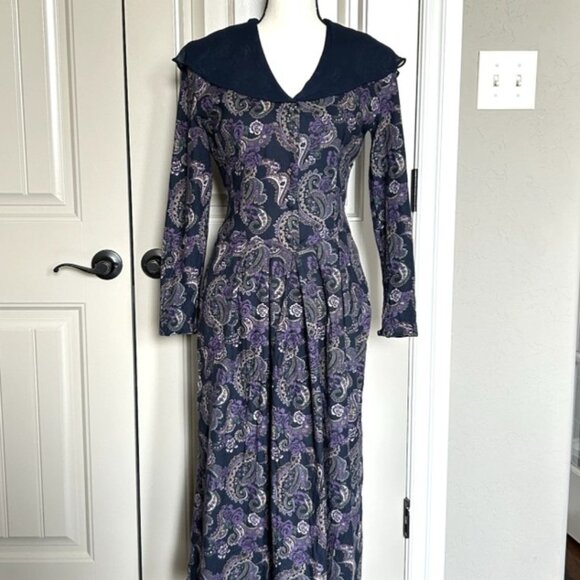Laura Ashley Dresses & Skirts - Vtg Laura Ashley Midi Blue Purple Paisley Basque Dress Modest Cottagecore US 8